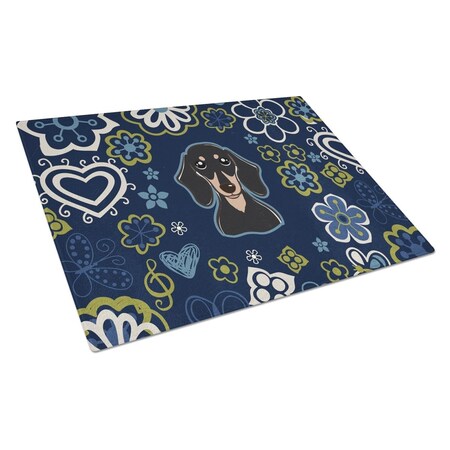 Carolines Treasures Blue Flowers Smooth Black & Tan Dachshund Glass Cutting Board Large BB5066LCB